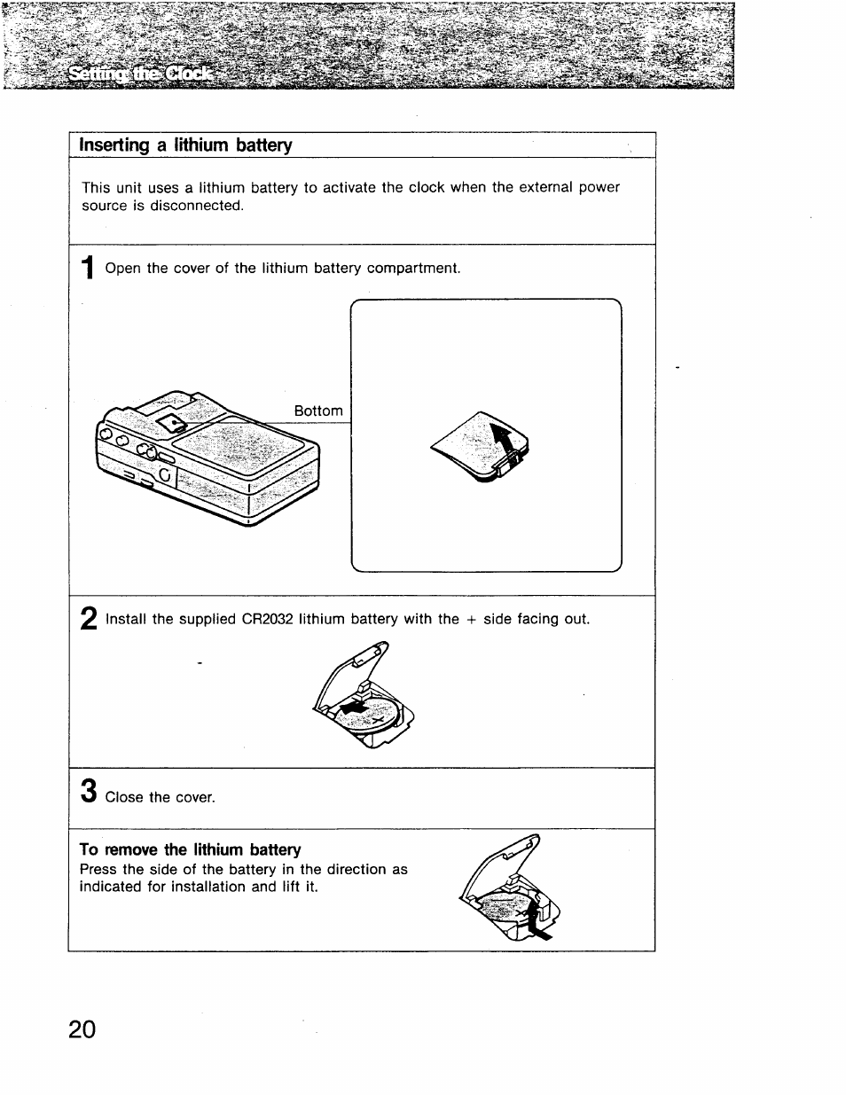 Inserting a lithium battery, To remove the lithium battery | Sony GV-8 User Manual | Page 20 / 60