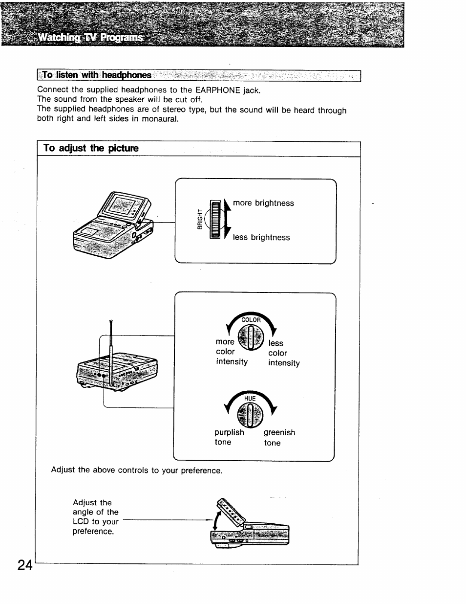 Listen with headphotos, To adjust the picture | Sony GV-8 User Manual | Page 24 / 60