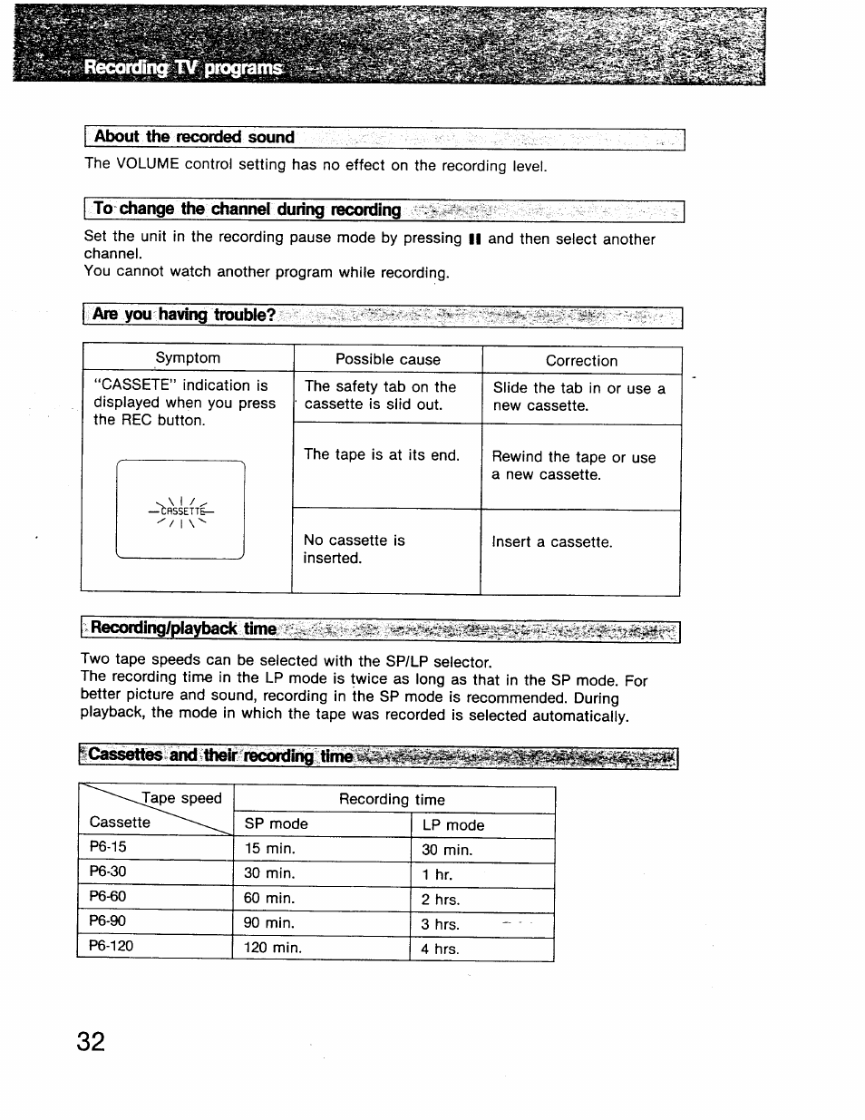 About tile recorded sound, To change the channel during recording, Are you having trouble | Recoiding/playbadc time, Ícassettés¿ahditheir recordiiiígltirrié | Sony GV-8 User Manual | Page 32 / 60