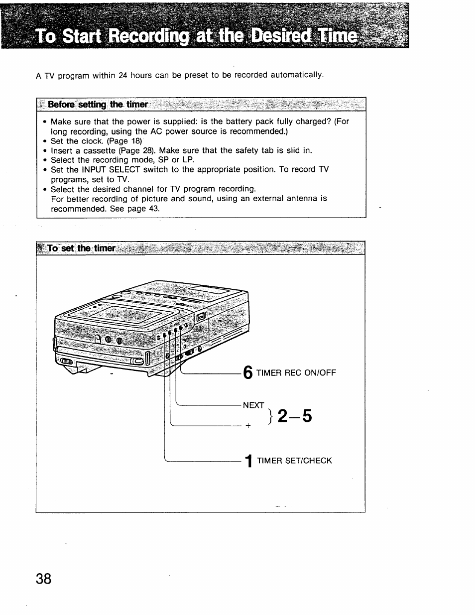 To start recording at the, Before setting the tiiner | Sony GV-8 User Manual | Page 38 / 60