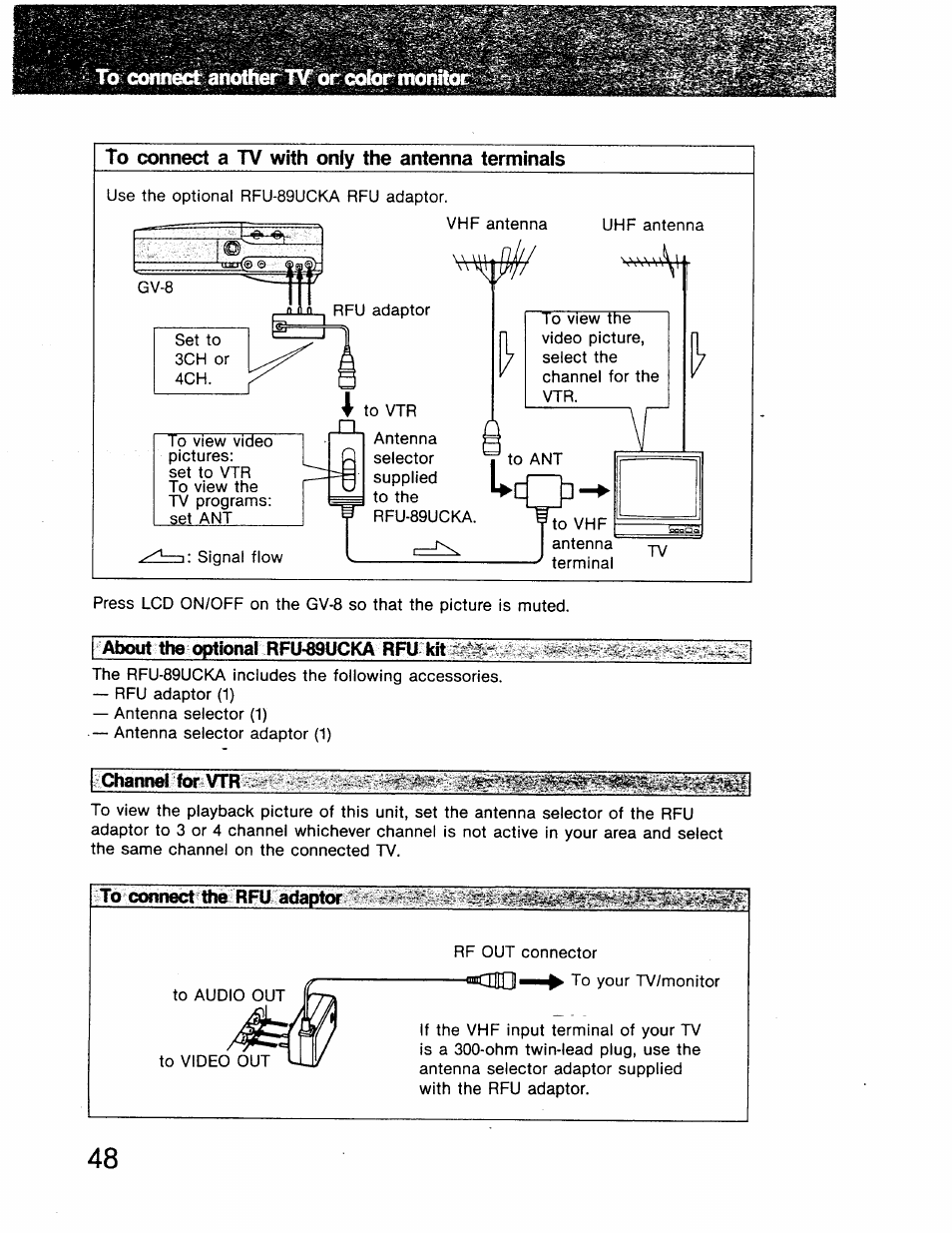 To connect another tf òr cotor monitor, To connect a tv with only the antenna terminals, Ìto-connect^'thò^rflt/adaptor | To connect another tv or color monitor | Sony GV-8 User Manual | Page 48 / 60