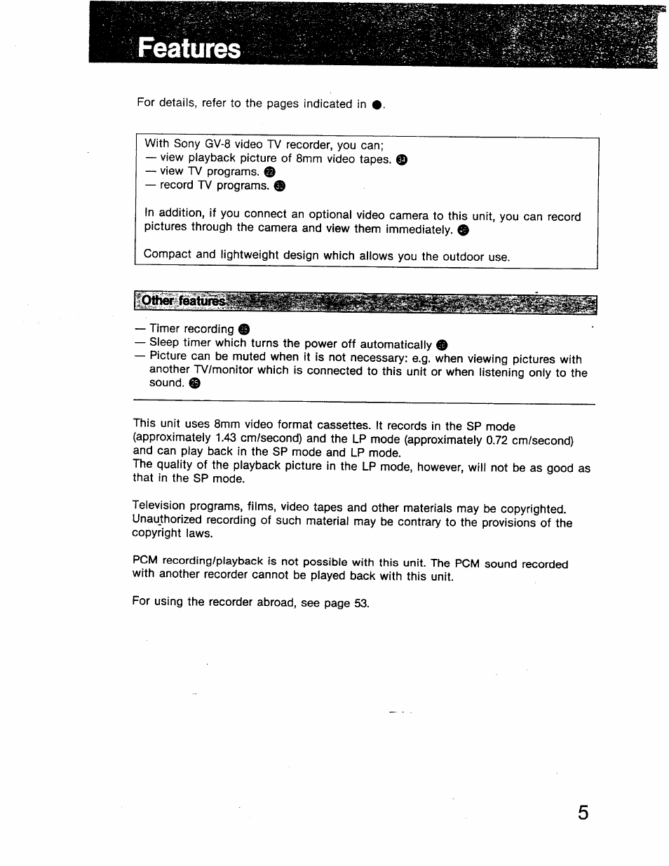 Features, Other featui | Sony GV-8 User Manual | Page 5 / 60