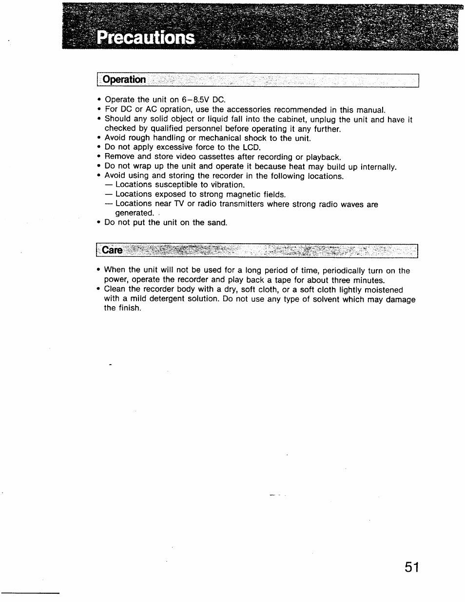 Precautions, Operation, Care | Sony GV-8 User Manual | Page 51 / 60
