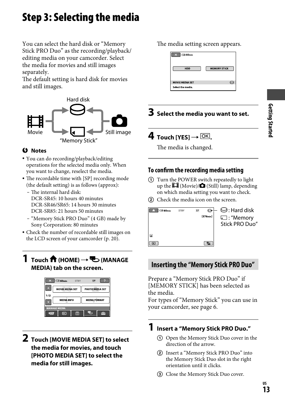 Step 3: selecting the media | Sony DCR-SR65 User Manual | Page 13 / 68