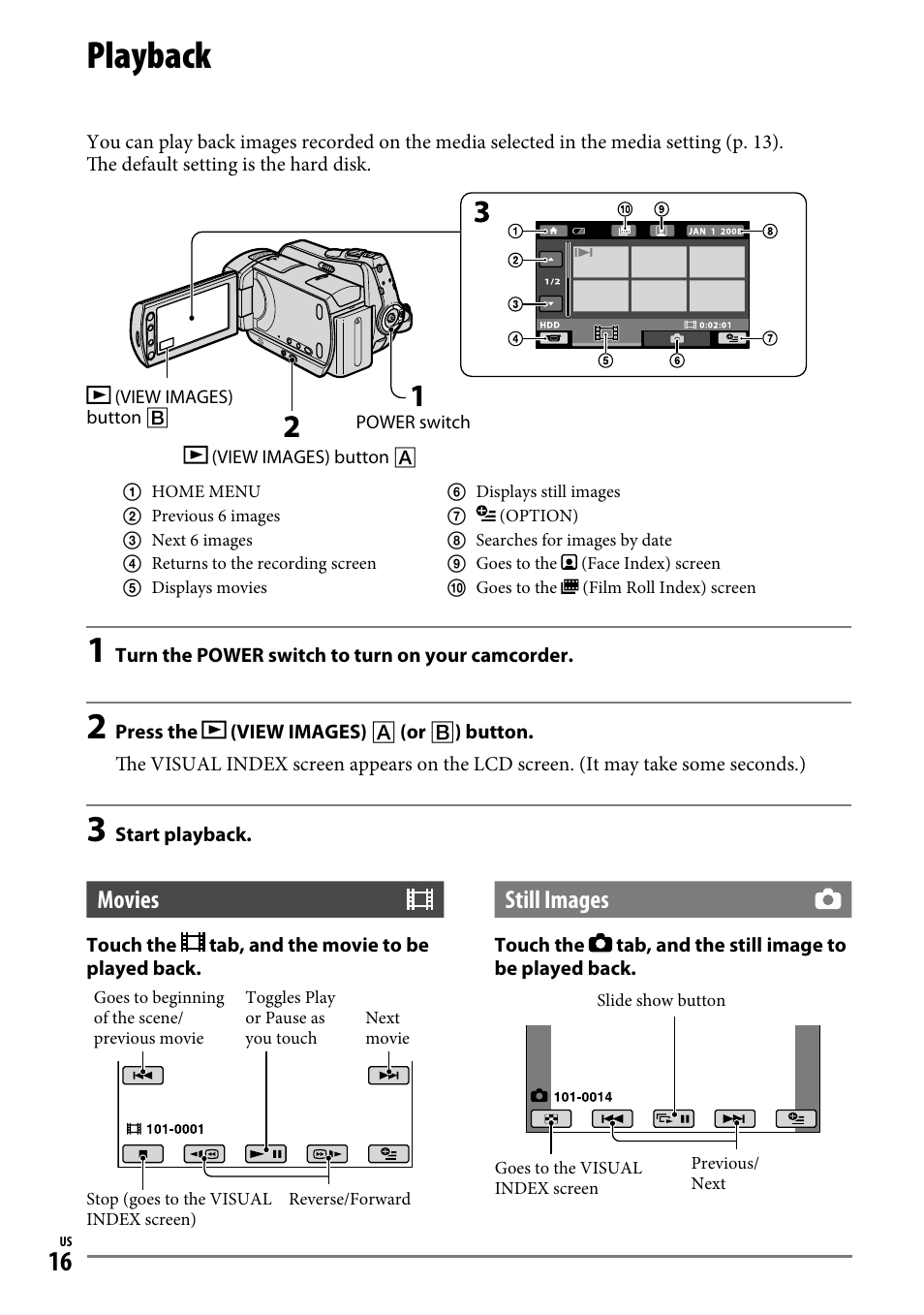 Playback, Movies, Still images | Sony DCR-SR65 User Manual | Page 16 / 68