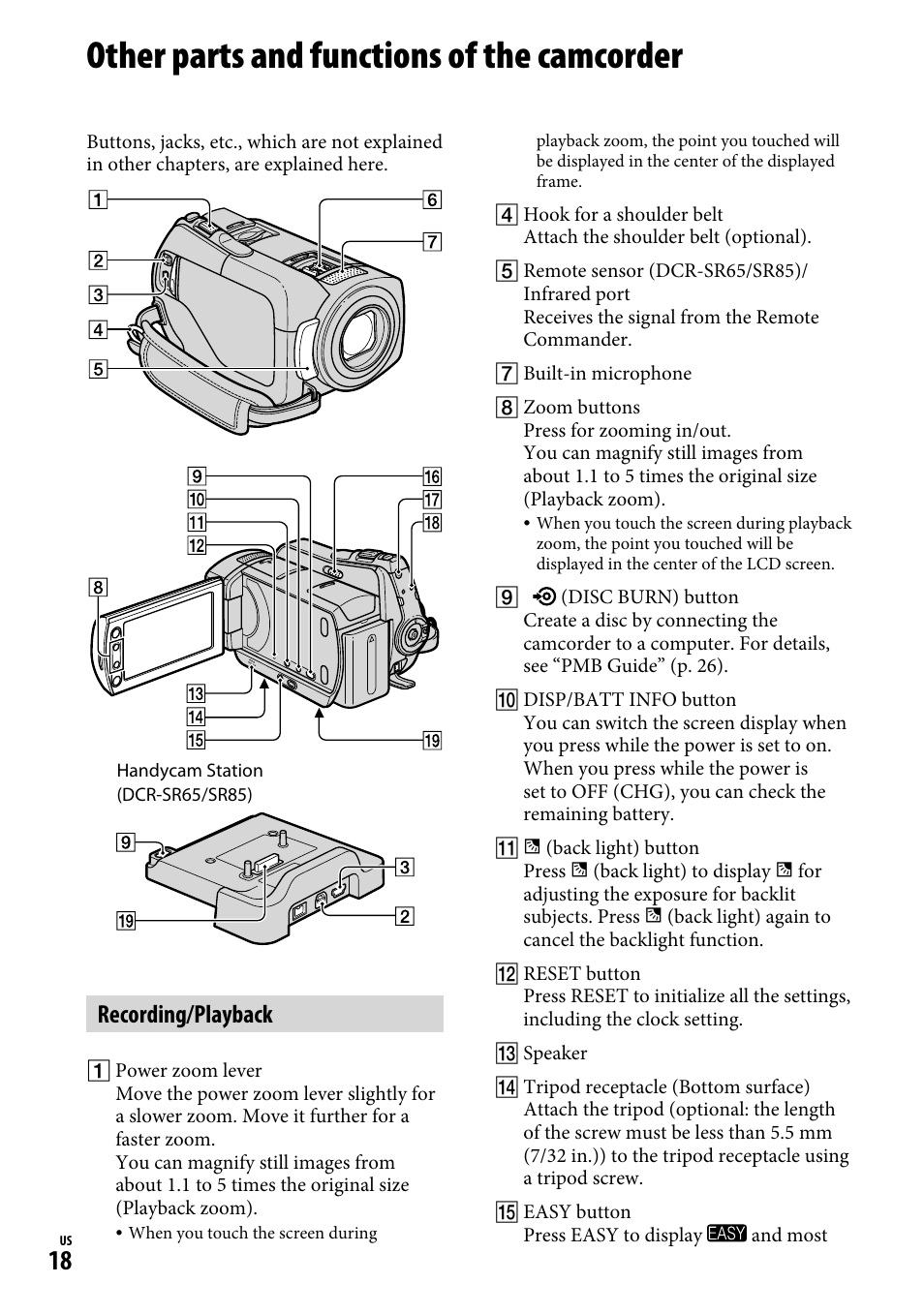 Other parts and functions of the camcorder, Recording/playback | Sony DCR-SR65 User Manual | Page 18 / 68
