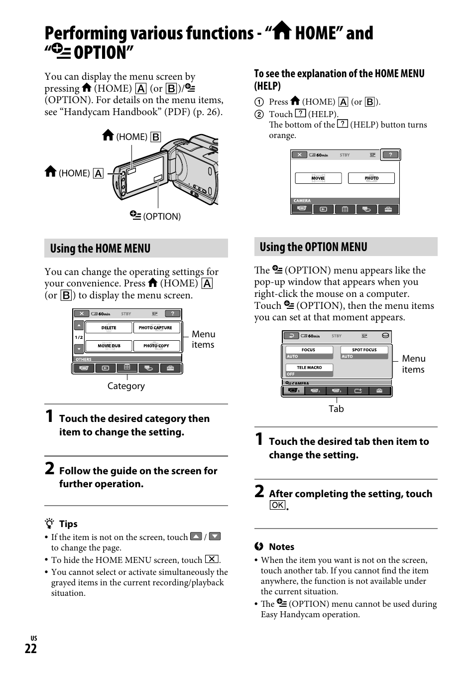 Performing various functions - “home” and “option, Using the home menu, Using the option menu | Sony DCR-SR65 User Manual | Page 22 / 68