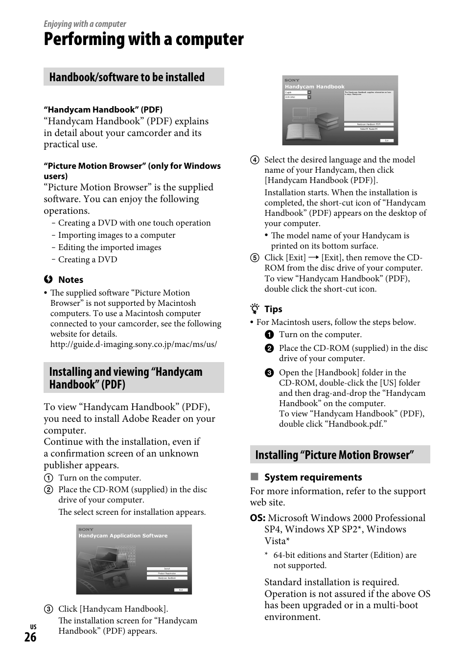 Enjoying with a computer, Performing with a computer, Handbook/software to be installed | Installing “picture motion browser, Installing and viewing “handycam handbook” (pdf) | Sony DCR-SR65 User Manual | Page 26 / 68