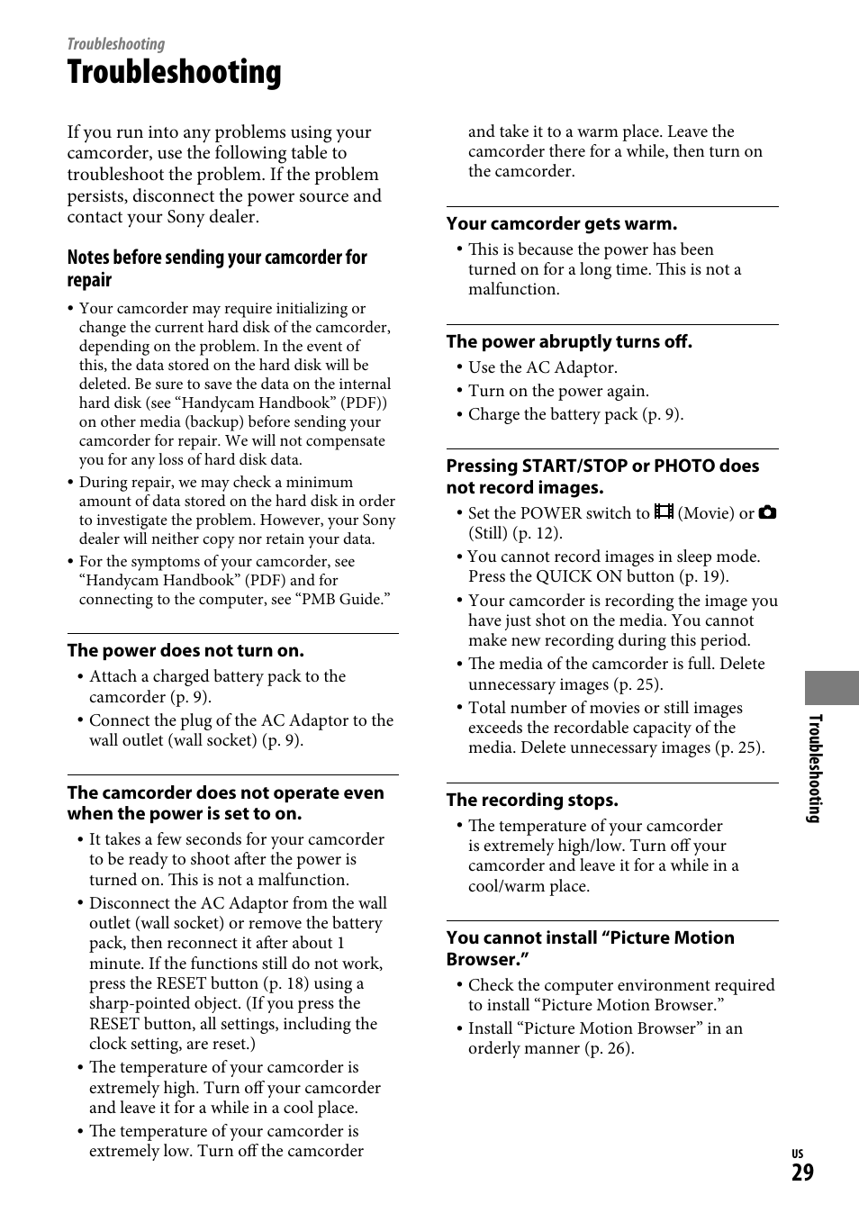 Troubleshooting | Sony DCR-SR65 User Manual | Page 29 / 68