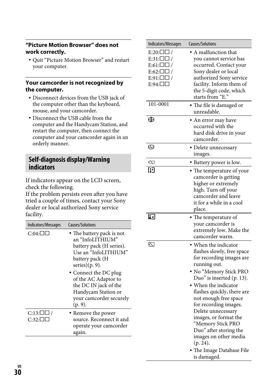 Self-diagnosis display/warning indicators | Sony DCR-SR65 User Manual | Page 30 / 68