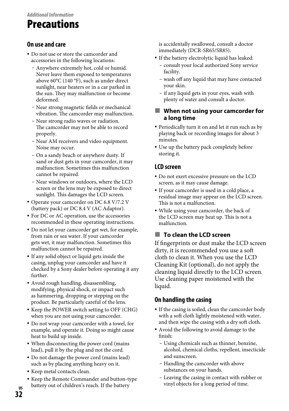 Additional information, Precautions, On use and care | Lcd screen, On handling the casing, When not using your camcorder for a long time | Sony DCR-SR65 User Manual | Page 32 / 68