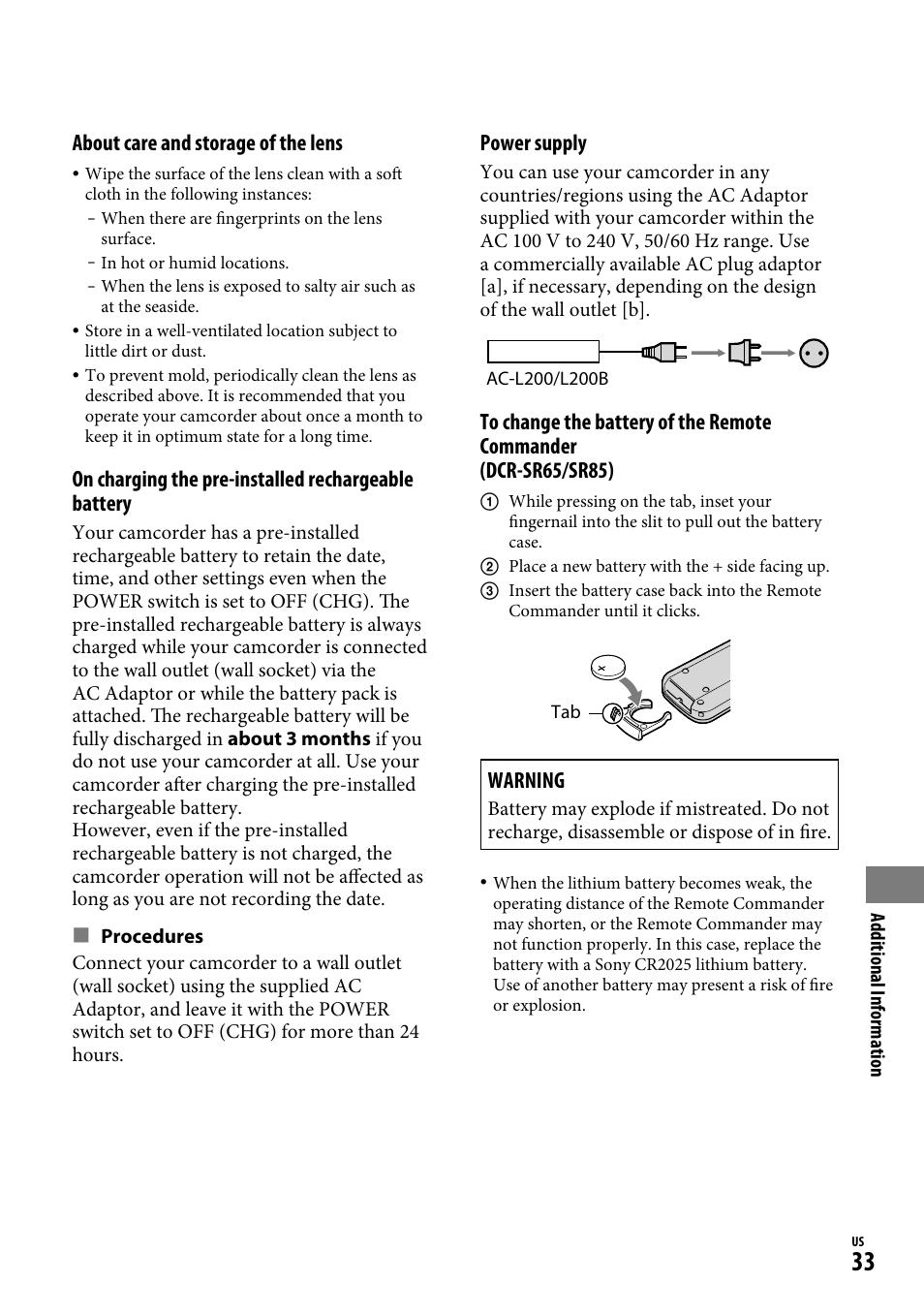About care and storage of the lens, On charging the pre-installed rechargeable battery, Power supply | Warning | Sony DCR-SR65 User Manual | Page 33 / 68