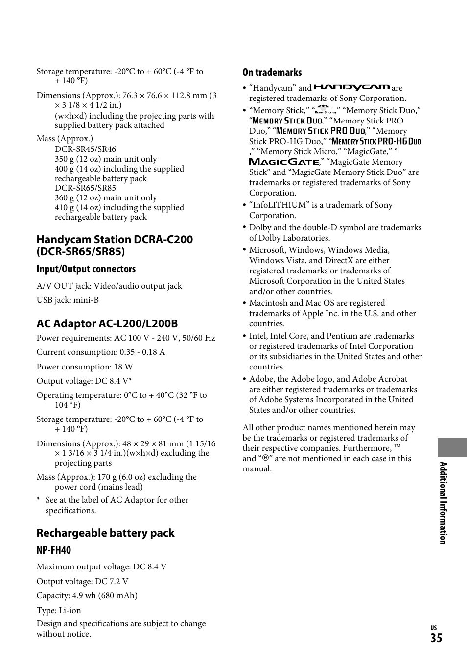 Rechargeable battery pack np-fh0, On trademarks | Sony DCR-SR65 User Manual | Page 35 / 68