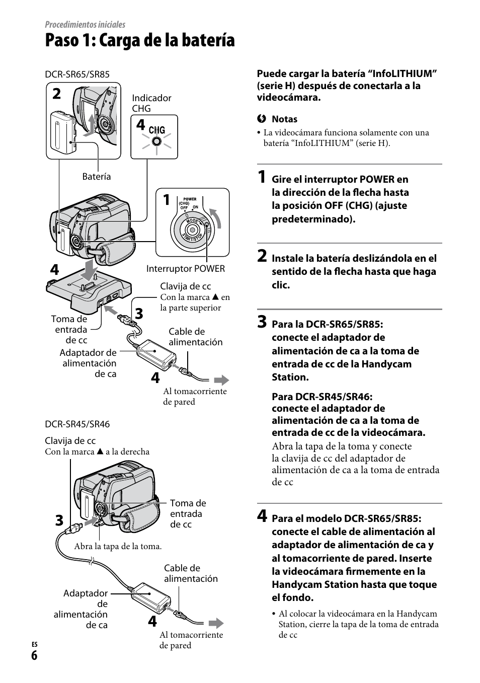 Procedimientos iniciales, Paso 1: carga de la batería | Sony DCR-SR65 User Manual | Page 40 / 68