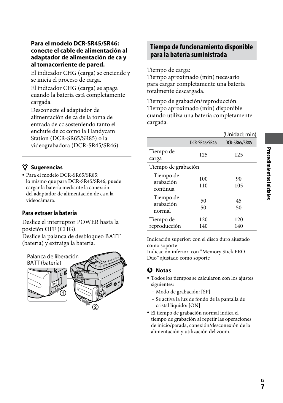 Para extraer la batería | Sony DCR-SR65 User Manual | Page 41 / 68