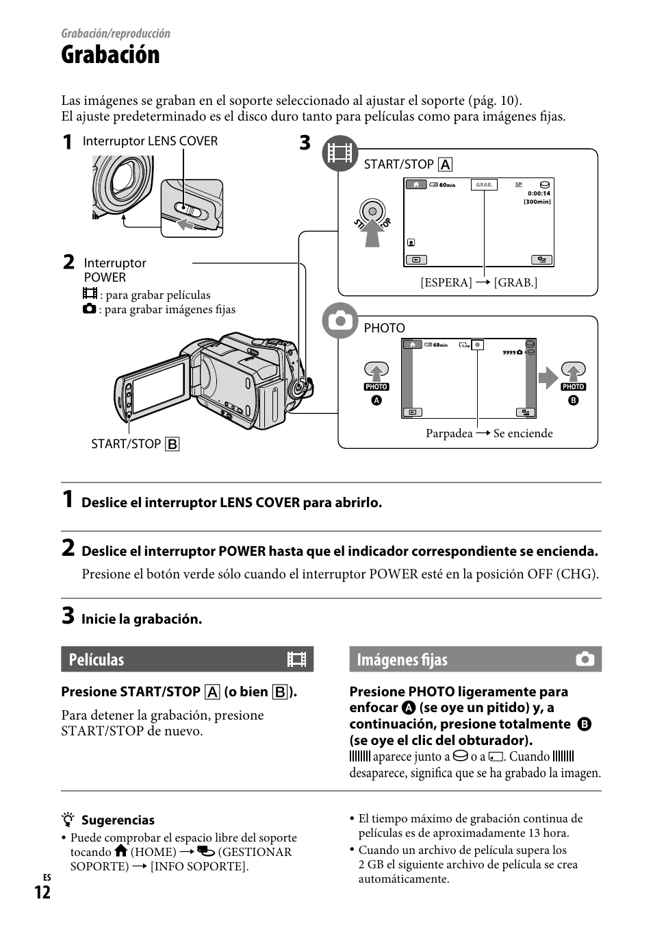 Grabación/reproducción, Grabación, Películas | Imágenes fijas | Sony DCR-SR65 User Manual | Page 46 / 68