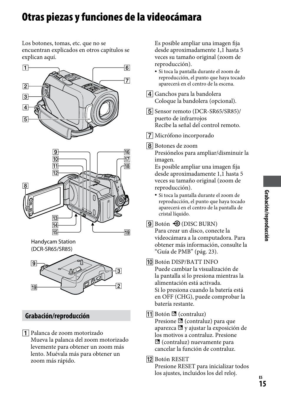 Otras piezas y funciones de la videocámara, Grabación/reproducción | Sony DCR-SR65 User Manual | Page 49 / 68