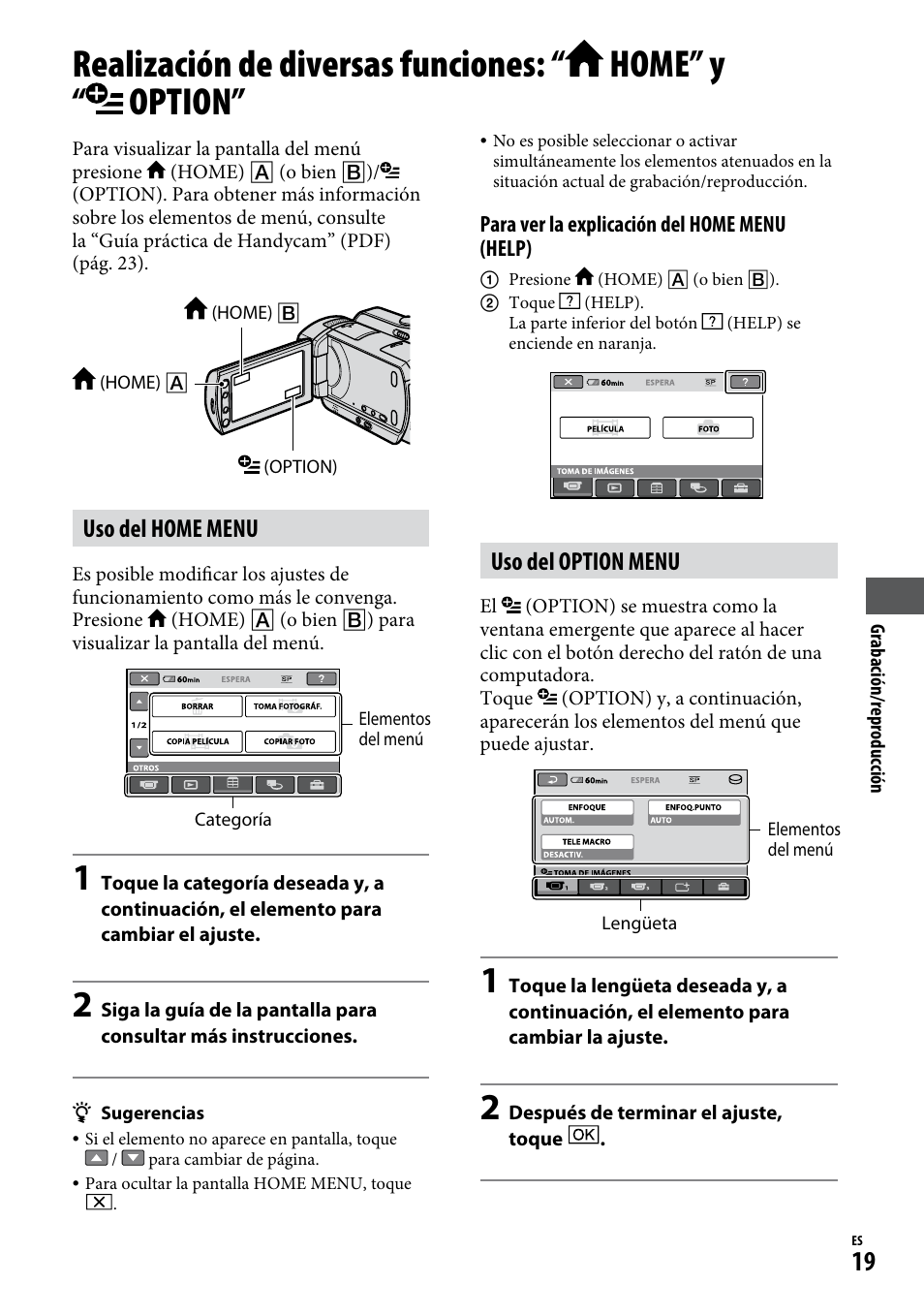 Uso del home menu, Uso del option menu | Sony DCR-SR65 User Manual | Page 53 / 68
