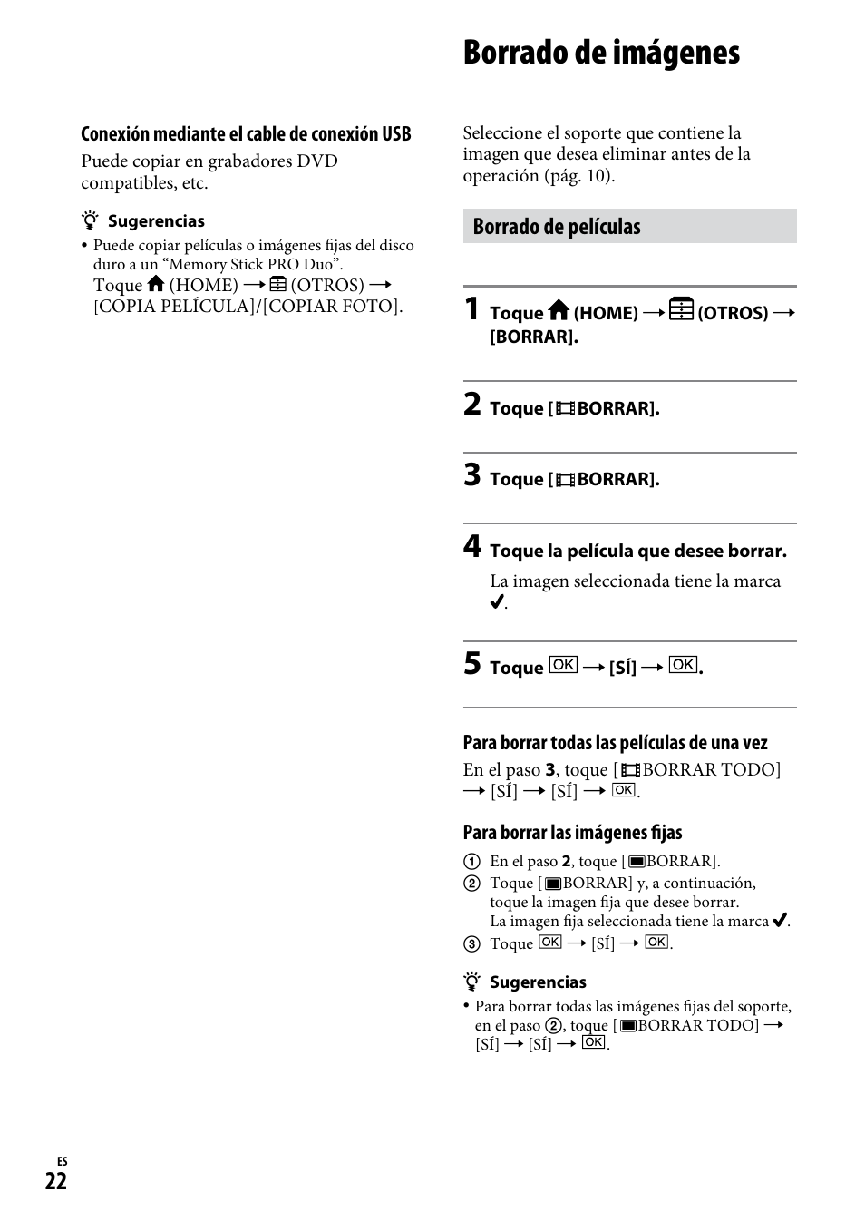 Borrado de imágenes, Borrado de películas | Sony DCR-SR65 User Manual | Page 56 / 68