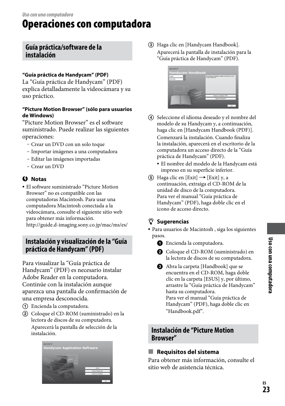 Uso con una computadora, Guía práctica/software de la instalación, Instalación de “picture motion browser | Operaciones con computadora | Sony DCR-SR65 User Manual | Page 57 / 68