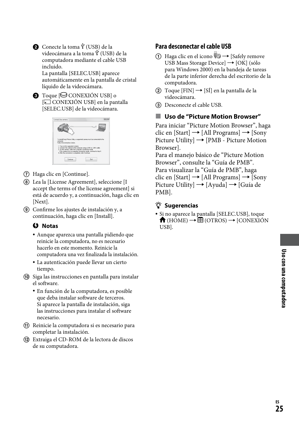 Para desconectar el cable usb | Sony DCR-SR65 User Manual | Page 59 / 68
