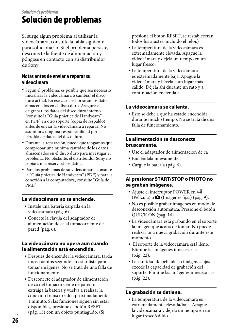 Solución de problemas, Notas antes de enviar a reparar su videocámara | Sony DCR-SR65 User Manual | Page 60 / 68