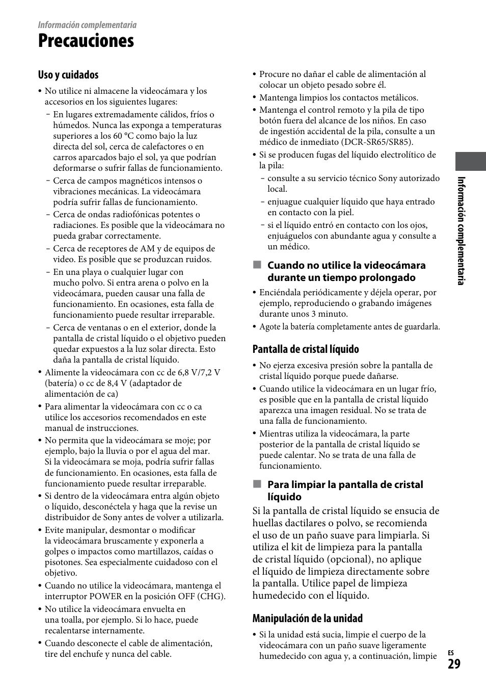 Información complementaria, Precauciones, Uso y cuidados | Pantalla de cristal líquido, Manipulación de la unidad | Sony DCR-SR65 User Manual | Page 63 / 68