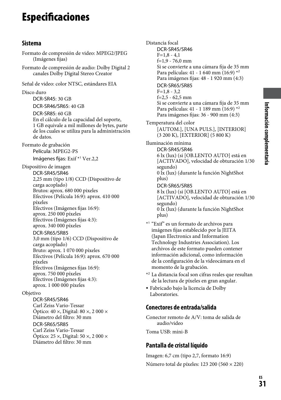 Especificaciones, Sistema, Conectores de entrada/salida | Pantalla de cristal líquido | Sony DCR-SR65 User Manual | Page 65 / 68