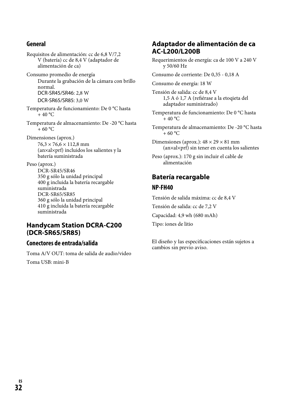 General, Batería recargable np-fh40 | Sony DCR-SR65 User Manual | Page 66 / 68