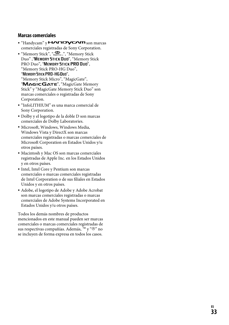Marcas comerciales | Sony DCR-SR65 User Manual | Page 67 / 68