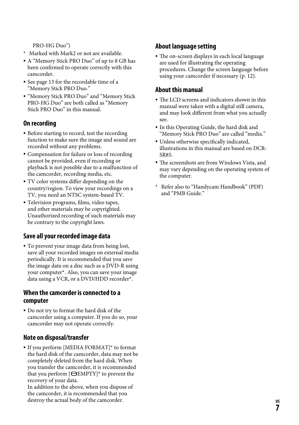 On recording, Save all your recorded image data, When the camcorder is connected to a computer | About language setting, About this manual | Sony DCR-SR65 User Manual | Page 7 / 68