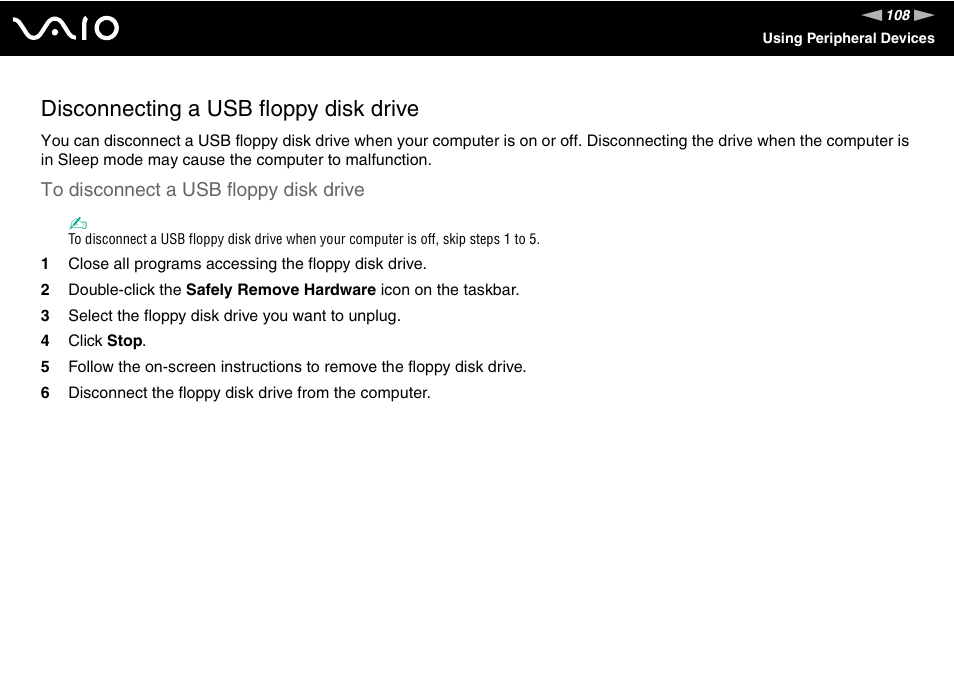 Disconnecting a usb floppy disk drive | Sony VGC-LV170J User Manual | Page 108 / 208