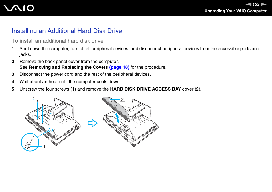 Installing an additional hard disk drive | Sony VGC-LV170J User Manual | Page 133 / 208