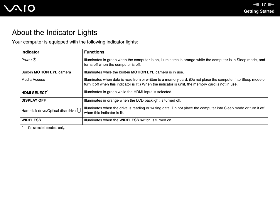 About the indicator lights | Sony VGC-LV170J User Manual | Page 17 / 208