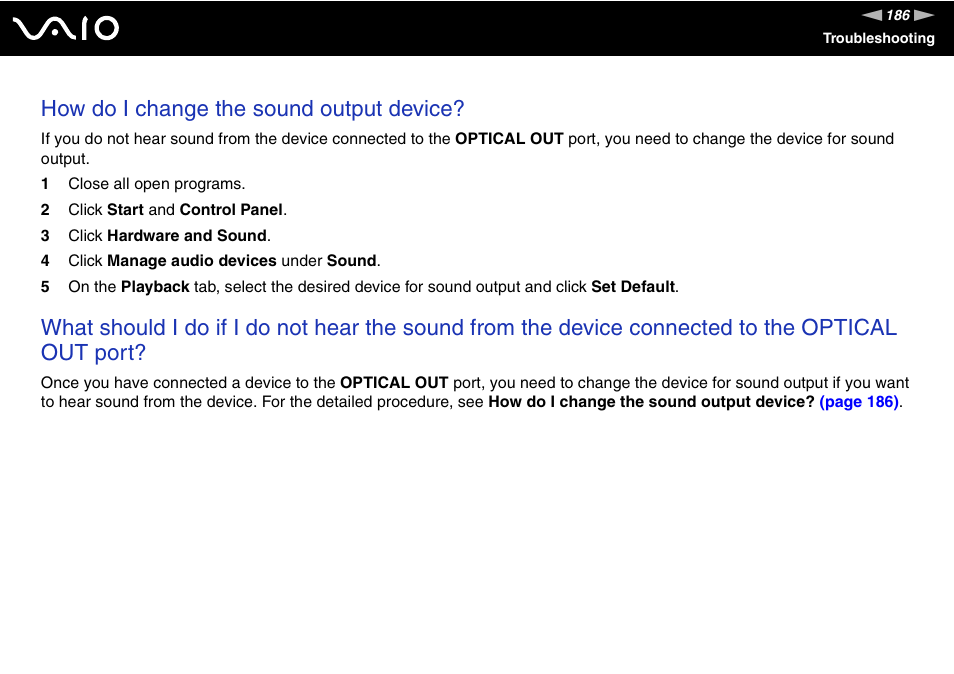 How do i change the sound output device | Sony VGC-LV170J User Manual | Page 186 / 208