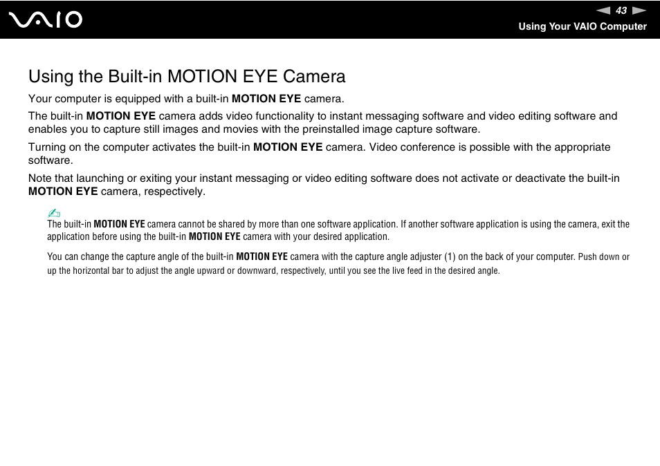 Using the built-in motion eye camera | Sony VGC-LV170J User Manual | Page 43 / 208