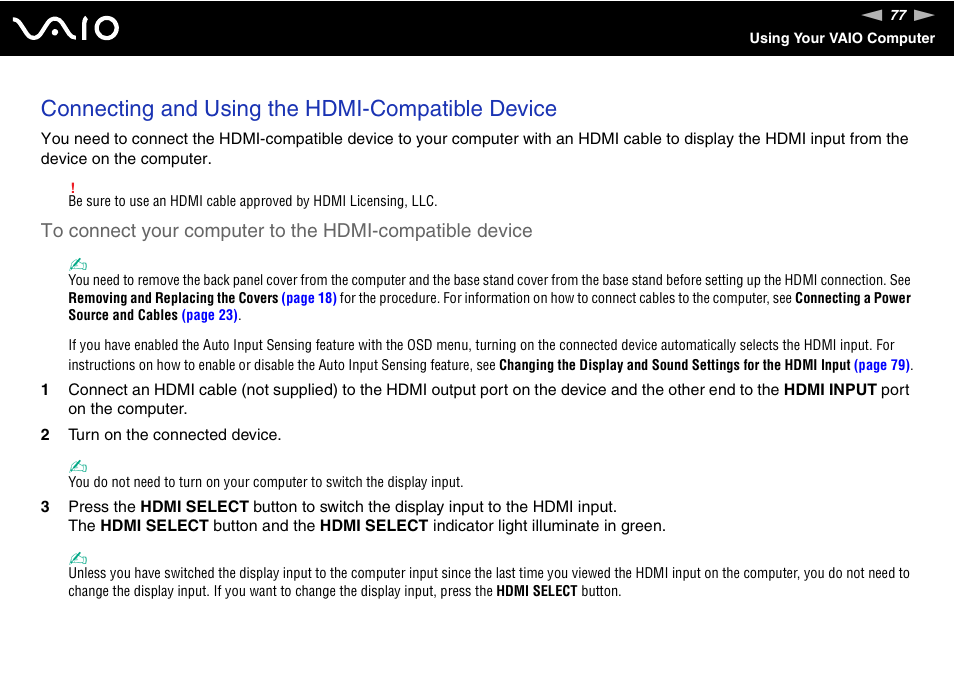 Connecting and using the hdmi-compatible device | Sony VGC-LV170J User Manual | Page 77 / 208