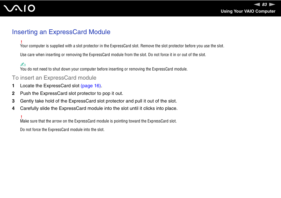 Inserting an expresscard module | Sony VGC-LV170J User Manual | Page 83 / 208