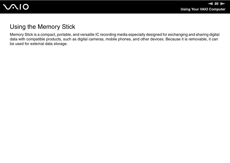 Using the memory stick | Sony VGC-LV170J User Manual | Page 86 / 208