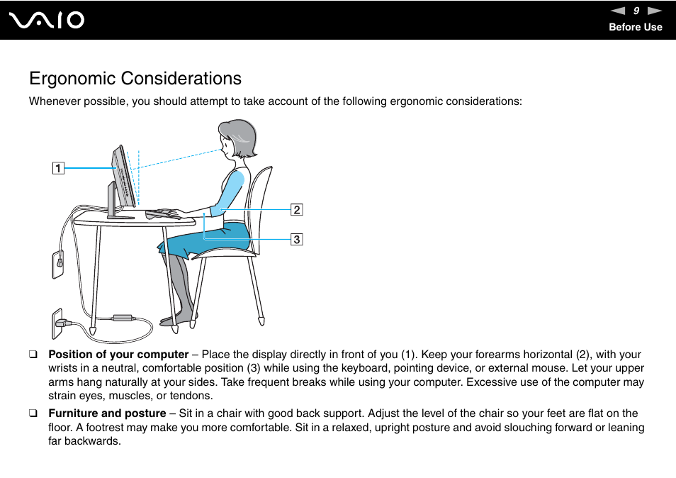 Ergonomic considerations | Sony VGC-LV170J User Manual | Page 9 / 208
