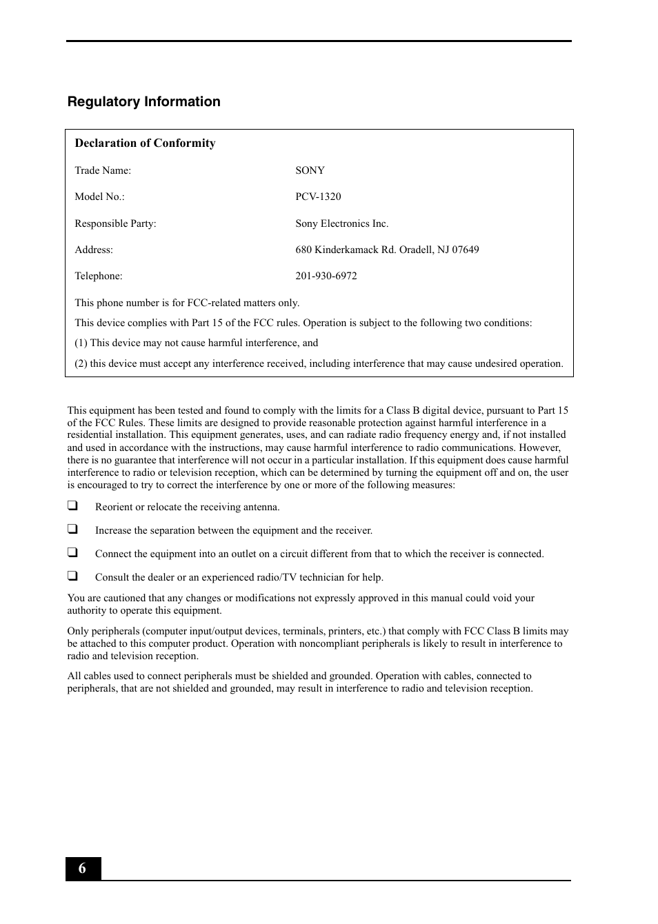 Regulatory information | Sony PCV-RZ40C User Manual | Page 6 / 52