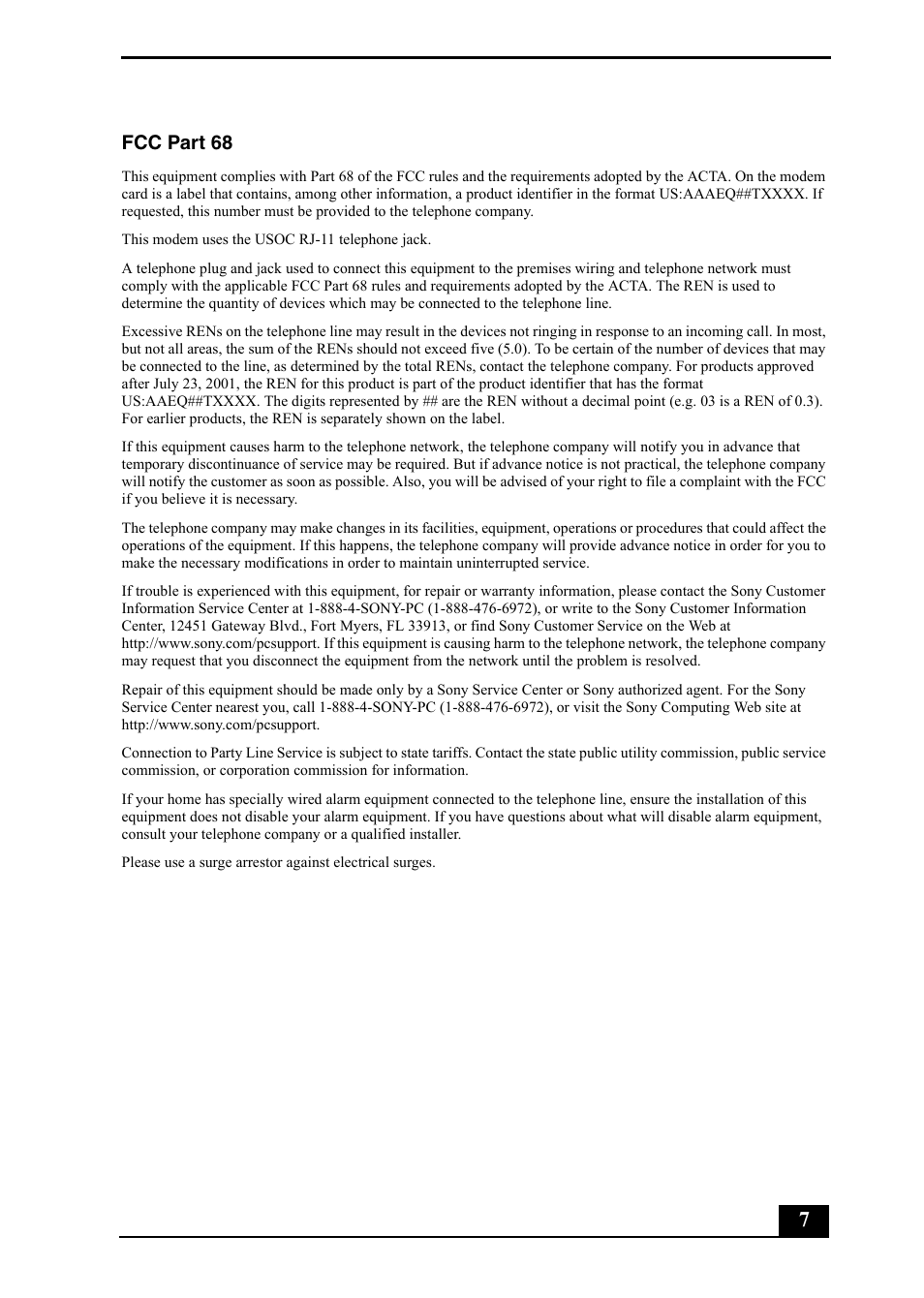 Fcc part 68 | Sony PCV-RZ40C User Manual | Page 7 / 52
