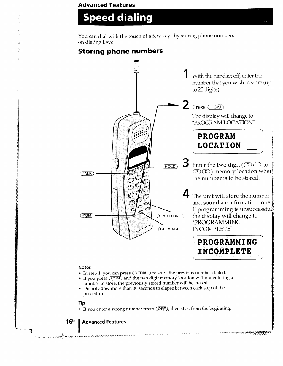 Advanced features, Speed dialing, Storing phone numbers | Program location, Programming incomplete | Sony SPP-ID910 User Manual | Page 16 / 31