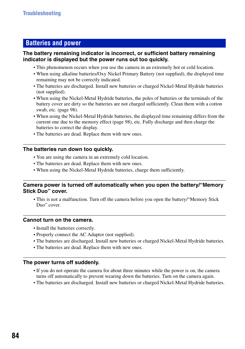 Batteries and power | Sony DSC-S700BDL User Manual | Page 84 / 101