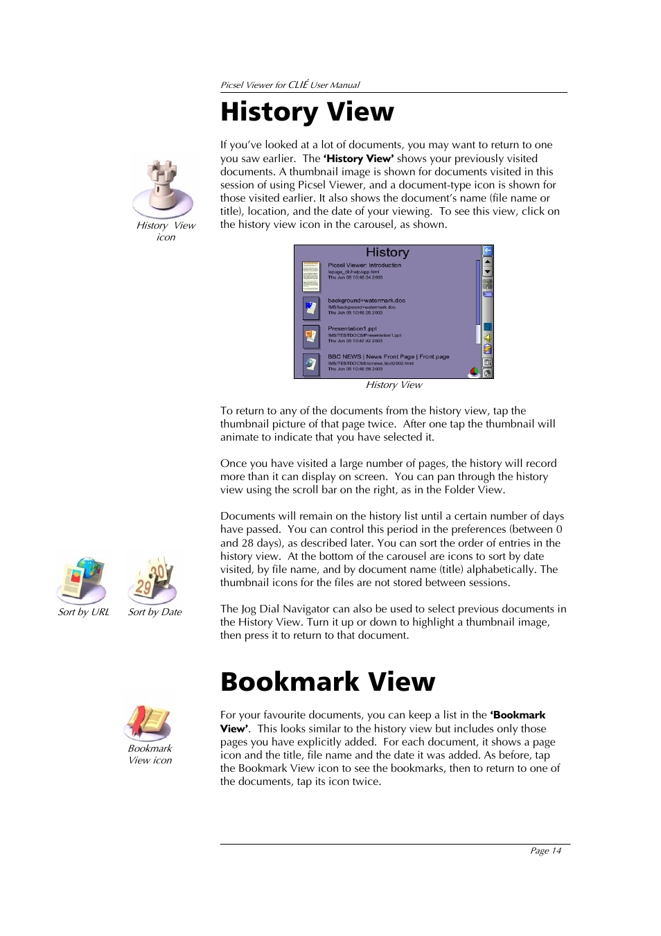 History view, Bookmark view | Sony PEG-UX40 User Manual | Page 14 / 20