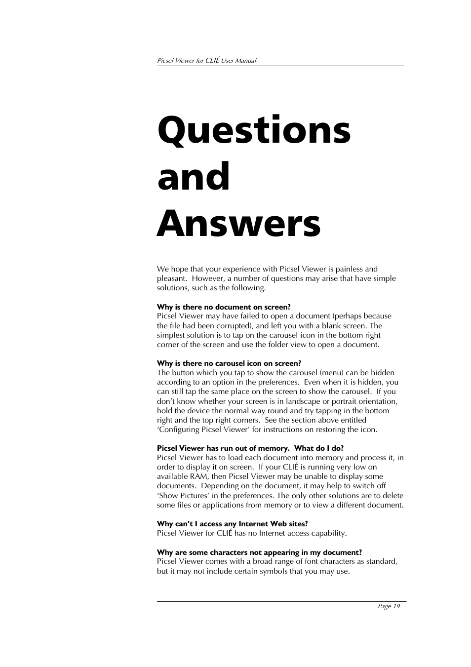 Questions and answers | Sony PEG-UX40 User Manual | Page 19 / 20