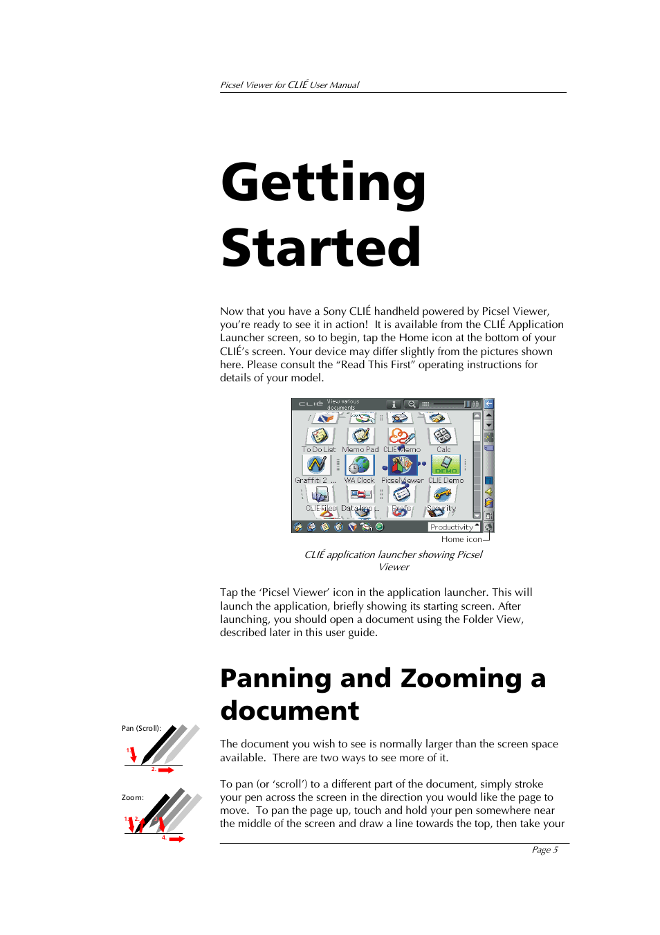 Getting started, Panning and zooming a document | Sony PEG-UX40 User Manual | Page 5 / 20