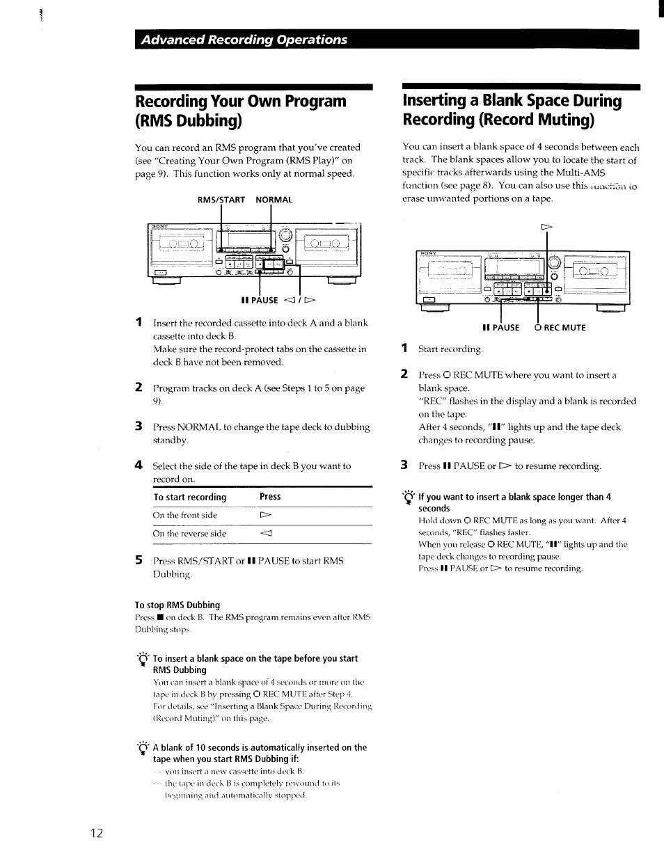 Recording your own program (rms dubbing), To stop rms dubbing | Sony TC-WR565 User Manual | Page 12 / 20