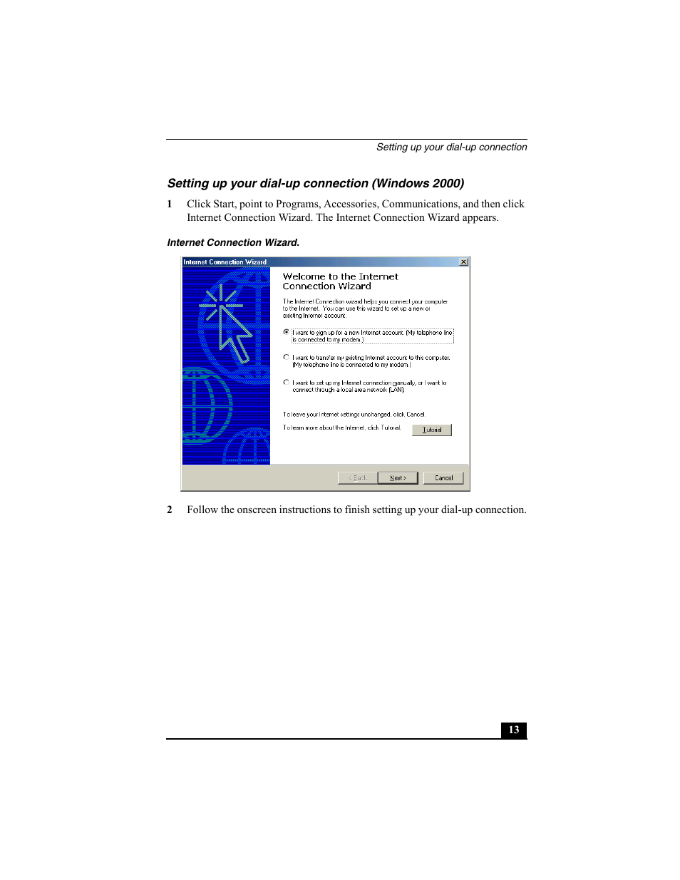 Setting up your dial-up connection (windows 2000), Internet connection wizard | Sony PCG-FX370 User Manual | Page 13 / 80