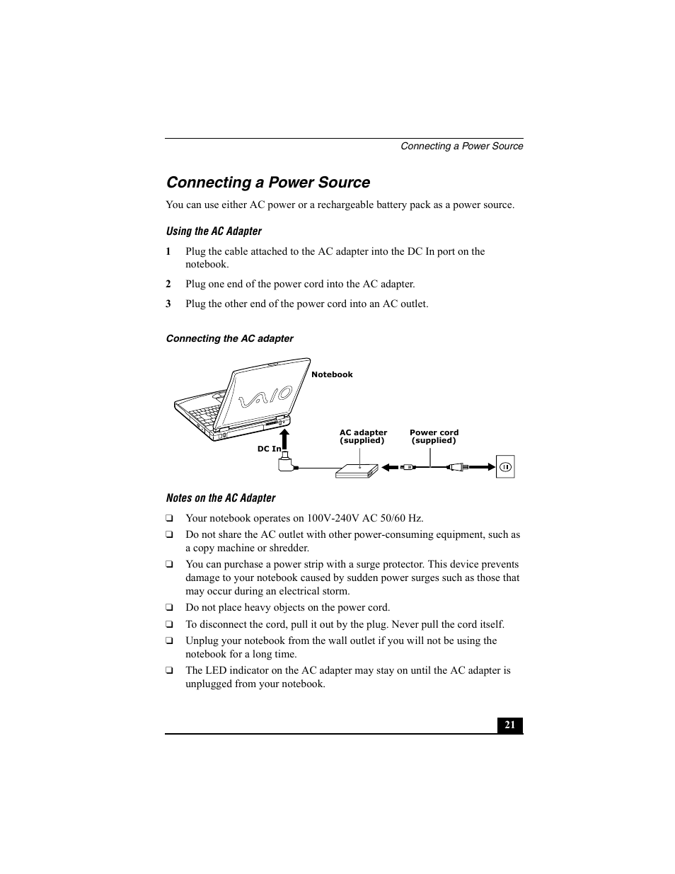 Connecting a power source, Using the ac adapter, Connecting the ac adapter | Notes on the ac adapter | Sony PCG-FX370 User Manual | Page 21 / 80